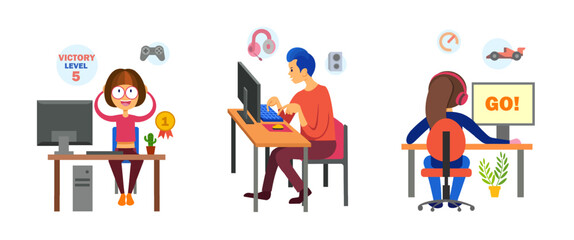 Set of cartoon characters of young people playing computer games. Indoors activity and hobby. Cybersport streamers lifestyle. Recreation and leisure time at home. Vector