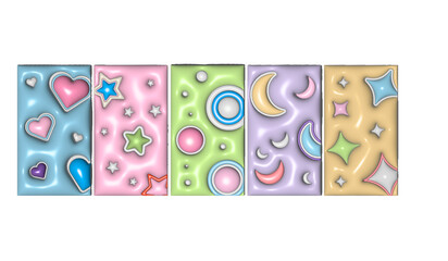 Abstract composition in pastel colors with 3d inflate figures: heart, circle, rhombus, month, star, peak