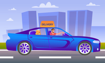 Cartoon characters of young man delivering parcels using car. Modern postal system worker. Express delivery services to home or office using vehicle. Vector