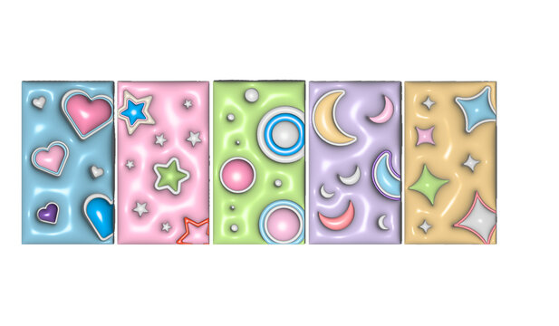 Abstract composition in pastel colors with 3d inflate figures: heart, circle, rhombus, month, star, peak