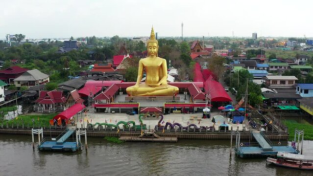 Aerial view of Wat Bang Chak is located opposite Koh Kret island on the banks of Chao Phraya river, Thailand