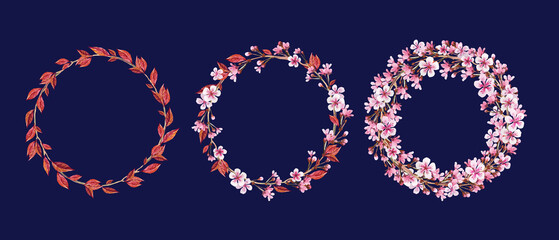 Watercolor Oriental cherry. Spring flower round frames. Wreath with flowers, buds, leaves of sakura on dark blue. Background for wedding invitations, congratulations, messages, save date, cards. 