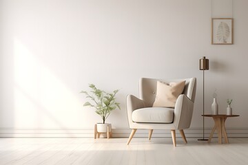 White minimalist living room interior with sofa on a wooden floor, decor on a large wall, white landscape in window. Home Nordic interior | Scandinavian interior poster mock up,Generative AI