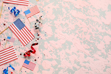 Fototapeta na wymiar USA flags with stars and serpentine on grunge background. Independence Day celebration