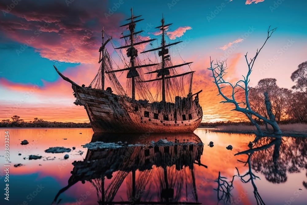 Poster sunset time, with the ancient ship floating vertically in the lake. generative ai