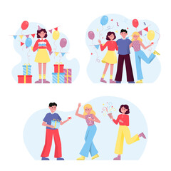 Set of cartoon characters celebrating events together. Birthday celebration with colorful confetti and balloons. Leisure time and hanging out with friends. Vector