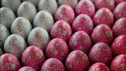 Multicolored Easter Background. Collection of Precisely organized Eggs with Floral Designs.