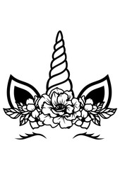 Unicorn face with flowers crown, vector illustration