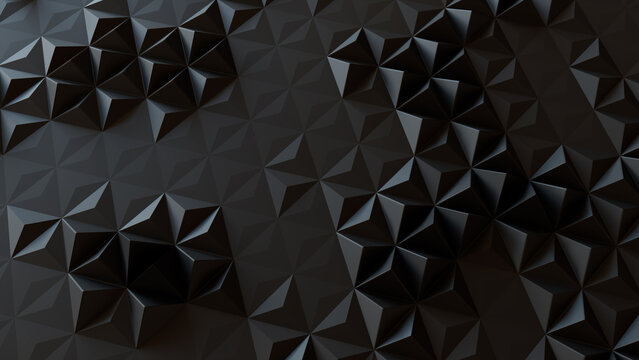 Black Three-Dimensional Surface with Triangular Pyramids. High Tech, Dark 3d Banner.