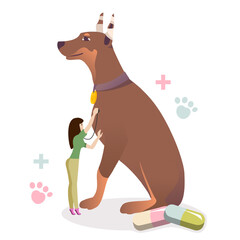 Cartoon character of female veterinarian checking health of dog. Professional healthcare services for domestic animals. Veterinary clinic worker. Vector