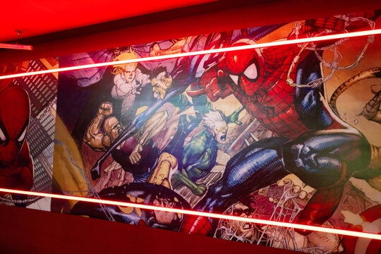 Ternopil, Ukraine- March, 2023: Marvel super heroes poster in red play room.