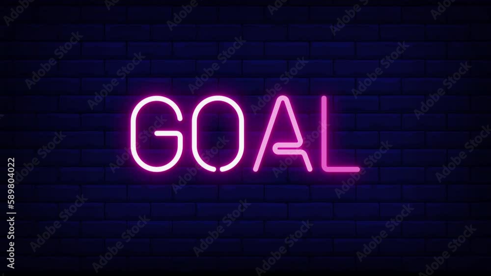 Poster goal neon light text on brick wall background motion animation. glowing large text concept looping a
