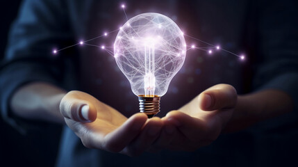 human Hand holding Light bulb Global Internet connection. Business global internet connection application technology and digital marketing, Financial and banking, Digital link tech, big data. 