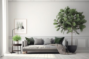 Living room design with empty frame mock-up | The stylish composition at living room interior with minimal design | Spacious long living room with dark design | Luxury white living room,Generative AI.