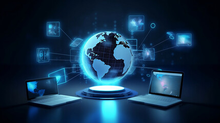 Tech devices and icons connected to digital planet earth, futuristic technology, style, 3d holograph, blue light effects, 