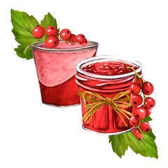 Watercolor yogurt with currant berries isolated on transparent background. Hand drawn illustration. Clip art berry. Jar with jelly,dessert, yogurt. Viva Magenta color.