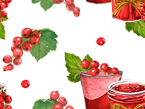 recommend clip art: Seamless pattern with red berries. Watercolor currant isolated on transparent background. Hand drawn botanical illustration. Clip art berry branches. Viva Magenta color.