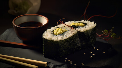 Hyper realistic freestanding heart shaped white rice hand roll wrapped with little bit of seaweed with a mini soy sauce bottle, a mini bowl of noodles, and a dab of wasabi on the side