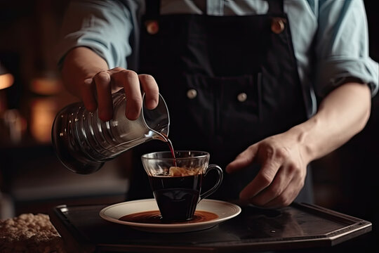Barista in black apron standing handing cup of coffee close up