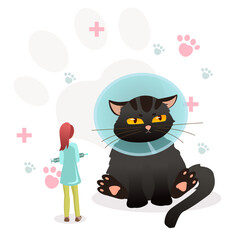 Cartoon character of young female veterinarian examining cat in recovery collar. Doctor taking care of kitty in veterinary clinic. Healthcare services for domestic animals after rehabilitation. Vector