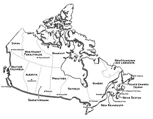 Vector hand drawn map of Canada with main capital cities. Canadian provinces and territories black and white illustrated map. Full vector global color swatch different layer for ease of use - obrazy, fototapety, plakaty