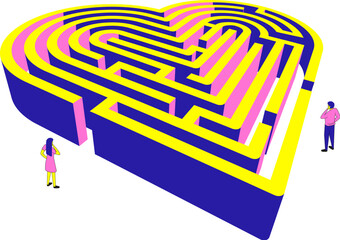 Maze in the shape of a heart. A man and a woman at opposite ends of a heart-shaped labyrinth.