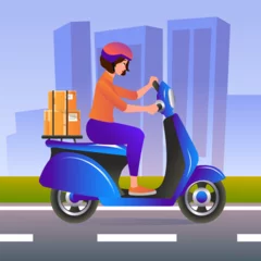 Foto op Plexiglas Cartoon character of young woman in helmet working as courier on motorbike. Process of delivering parcels to customers. Internet store order delivery. Vector © ANDRII