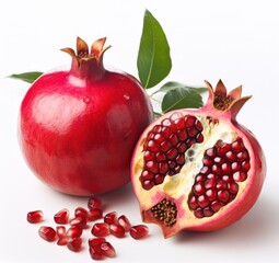 Ripe pomegranate is sliced in half, revealing its juicy red flesh and numerous seeds. The seeds are scattered around the cut fruit, creating a colorful and appetizing display