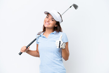 Young caucasian woman playing golf isolated on white background giving a thumbs up gesture