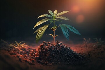 Aus dem Boden wachsende junge Cannabispflanze-Generative AI