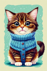 An adorable cute cat character warmed up in winter clothes standing in nice hat and scarf ready to celebrate christmas created with generative ai
