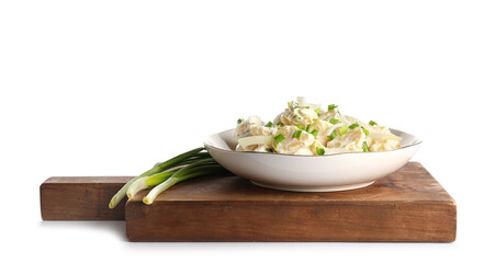 Plate of tasty Potato Salad with greens on white background