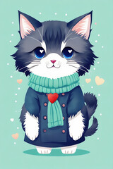 An adorable cute cat character warmed up in winter clothes standing in nice hat and scarf ready to celebrate christmas created with generative ai
