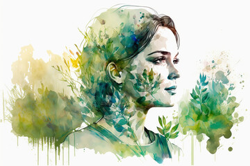 Double exposure portrait woman with a plants and leaves. Colorful creative watercolor illustration. Generative Ai