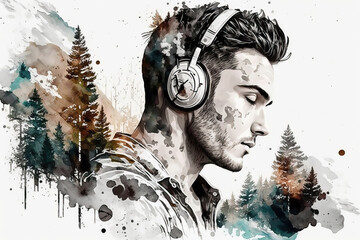 Portrait of a man in headphones, double exposure with trees and mountains. Creative watercolor illustration. Generative Ai