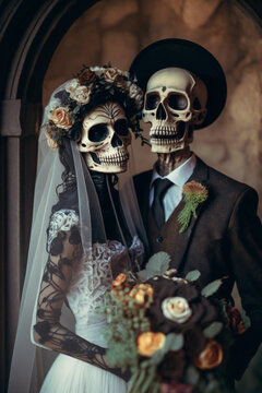 Elegant bride and groom skeletons on the wedding day. AI genarated