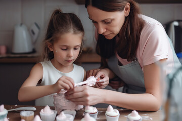 Obraz na płótnie Canvas mother and daughter decorating cupcakes with icing in kitchen at home. Generative AI