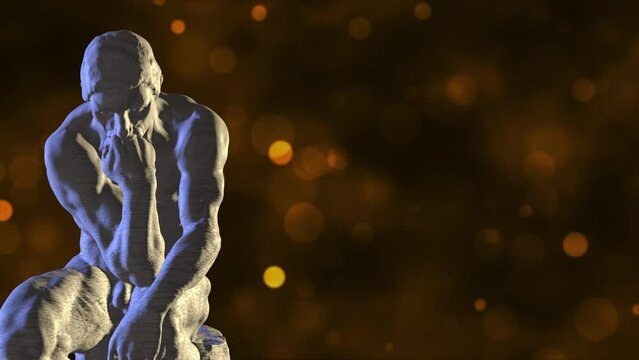 3D Rotating The Thinker Statue on Golden Bokeh Lights Background.  Greek Sculpture In Modern Art Style. NFT Cryptoart Concept. 4K