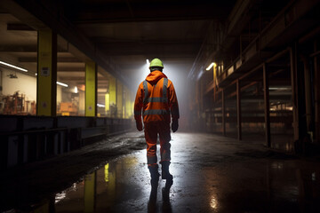 Fototapeta premium A worker walks through a large warehouse. AI generated