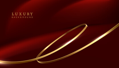 Red abstract banner with golden ribbons.