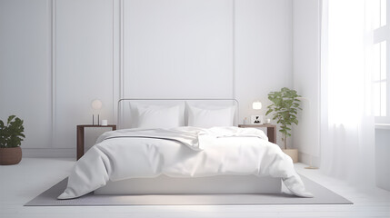Bed in the bedroom in a Scandinavian minimalist style. Light pillows on the bed