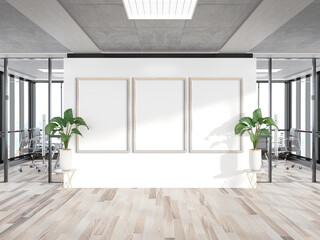 Three vertical frames Mockup hanging on wall. Mock up of billboards in modern wooden office interior 3D rendering
