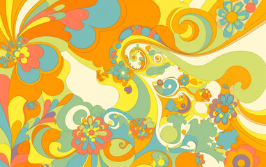 Naklejka na ściany i meble Colorful ‘70s Retro Style poster art with flowers, and psychedelic wavy shapes, colors in orange, pale blue, yellow and greens. Background texture. Illustrative Generative AI. 
