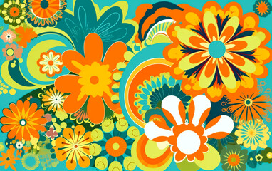 Fototapeta na wymiar Colorful ‘70s Retro Style poster art with flowers, and psychedelic wavy shapes, colors in orange, pale blue, yellow and greens. Background texture. Illustrative Generative AI. 