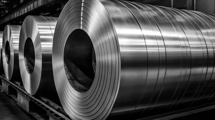 Fotobehang round steel roll texture. Metal round roll of galvanized stainless steel sheet, industrial metalwork machinery manufacturing © bahadirbermekphoto