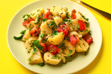 Plate of tasty Potato Salad with vegetables on yellow background, closeup