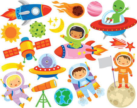 Cute colorful outer space clipart set with male and female astronauts, aliens, spaceships and planets.