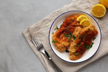 Homemade Chicken Cutlets on a Plate, top view. Flat lay, overhead, from above.