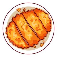 Japanese fried pork cutlet (Tonkatsu) illustration vector. Asian appetizers and finger food icon top view. Fried pork cutlets breaded (Tonkatsu) top view cartoon. Fast food crispy pork menu icon.