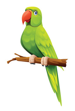 Cute green parrot sitting on branch cartoon illustration isolated on white background